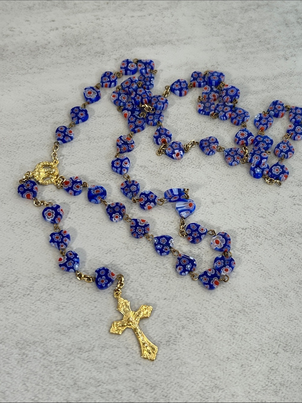 Blue Millefiori Glass Rosary Necklace with Gold Cross - Picture 2 of 4